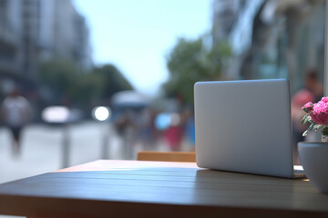 Working Remotely Laptop on Cafe Table with City Street View, motion blur Business concept, motion bokeh background