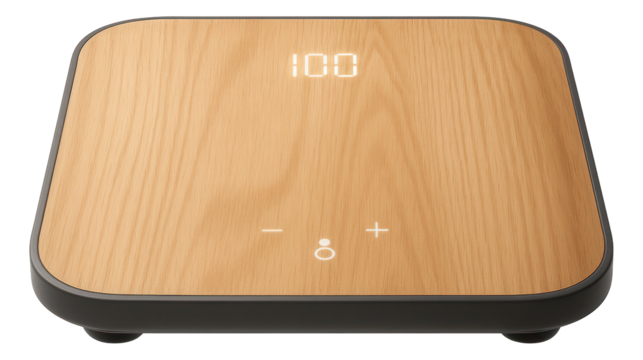 Body analyzer scale with a wooden finish and hidden sensor technology for a seamless look