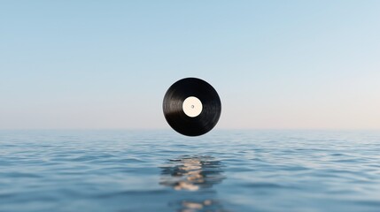 A conceptual and artistic photo of a classic music record floating above the water against a clear blue sky. A concept for the sound of summer, music, and surrealism