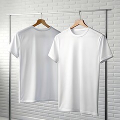 Two white t shirts hanging on a metal rack against a white brick wall in a well lit environment