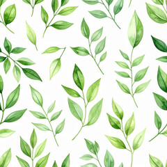 Obraz premium Watercolor Green Leaf Pattern: An exquisite, seamless pattern featuring an array of delicate green leaves, beautifully painted with watercolor techniques, perfect for design needs.
