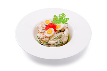 Delicious seafood salad presented elegantly with garnishes