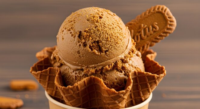 A scoop of lotus biscoff cookie ice cream in a waffle bowl.