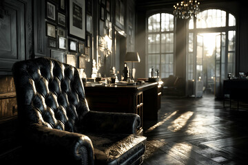 Leather Armchair in Ornate Room with Sunlight Streaming Through Windows, motion blur Business concept, motion bokeh background