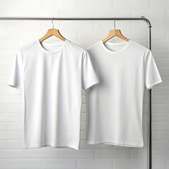 Two white t shirts hanging on wooden hangers against a white tile wall on a metal clothing rack