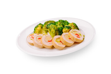 Juicy chicken roulade served with steamed broccoli on a white platter