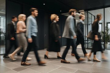 Group of People Walking in Modern Office Corridor with Motion Blur, motion blur Business concept, motion bokeh background