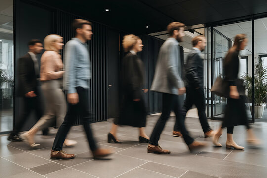 Group of People Walking in Modern Office Corridor with Motion Blur, motion blur Business concept, motion bokeh background