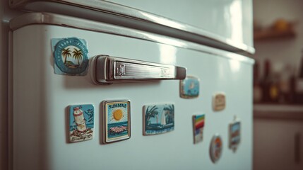 Retro-style fridge door with old summer magnets
