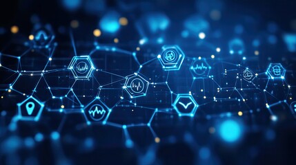 Abstract blue background with medical symbols and healthcare icons, concept of digital health, wellness, and safety