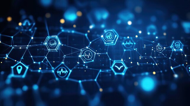 Abstract blue background with medical symbols and healthcare icons, concept of digital health, wellness, and safety