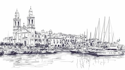 Fototapeta premium Hand-drawn illustration of a city harbor scene.
