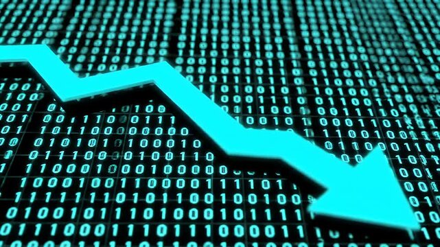 Teal Arrow Trending Down on Binary Code Background Signifying Financial Decline
