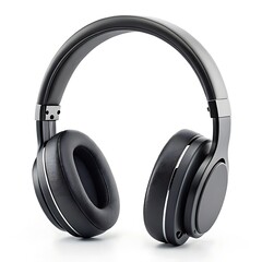 A pair of black over ear headphones with silver accents on a white background in a studio shot