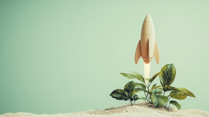 Wooden rocket with launching plant growth sand green background startup concept.