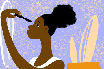 Illustration of a woman applying mascara in front of a mirror