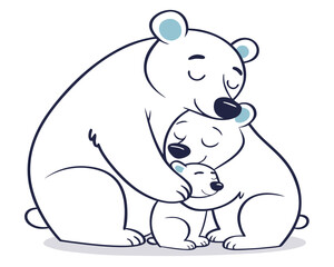 Fototapeta premium Vector art of a heartwarming cartoon of a polar bear family hugging, symbolizing love and protection, isolated on white background