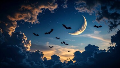 Naklejka premium Halloween night sky, crescent moon, bats
