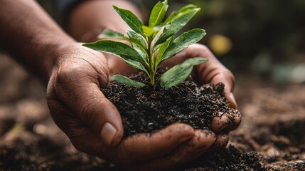 A close-up of a person's hands nurturing a young green plant in rich soil, symbolizing growth and sustainability.