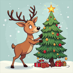 Fototapeta premium Cartoon reindeer decorating a Christmas tree with presents.