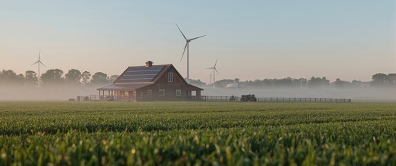 Rural farmhouse with solar panels and wind turbines in a misty field during sunrise