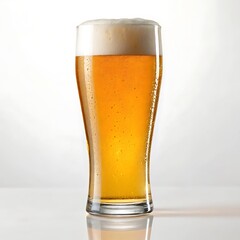 A tall clear glass filled with golden beer and a frothy white head against a white background studio shot
