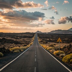 Endless asphalt road stretches through a volcanic landscape towards distant mountains at sunset