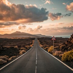 Empty asphalt road stretching towards mountains under a dramatic sunset sky