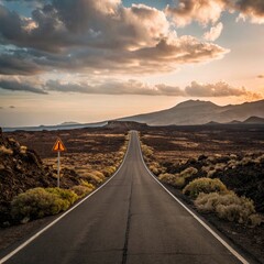 Long empty asphalt road stretching towards distant mountains under a dramatic cloudy sky