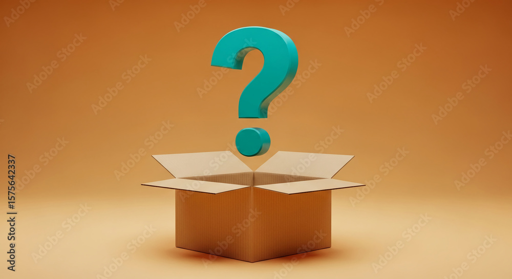 Fototapete open cardboard box with teal question mark above, set against orange background, symbolizing curiosi