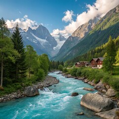 Turquoise river flows through a lush green valley towards majestic snow capped mountains