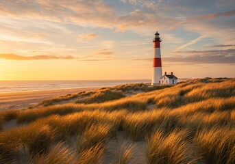 Iconic red and white striped lighthouse stands tall on a sandy dune at sunset