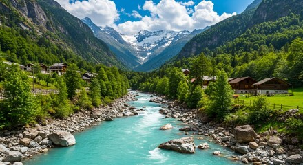 Turquoise river flows through a lush green valley towards majestic snow capped mountains