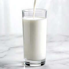 Pouring fresh milk into a clear glass on a white marble surface with a soft white background light