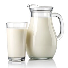 A clear glass pitcher filled with milk standing next to a glass of milk on a white background