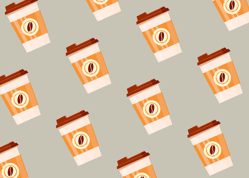 Illustration of sustainable coffee cups in a repeating pattern on a gray background