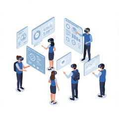 Diverse Students Collaborate on VR E-Learning Project in Isometric View.