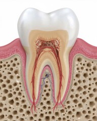 Cross-sectional illustration of a human tooth showing enamel, dentin, pulp, nerves, and blood vessels in detailed anatomy