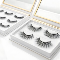 Close up of two white boxes with gold trim containing several pairs of false eyelashes on display