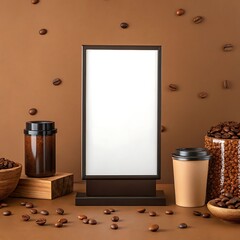 Blank advertising board with coffee beans and cup on brown background studio product shot for mockup design