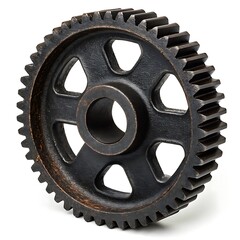 A single dark metal gear with many teeth and triangular cutouts isolated against a white background surface