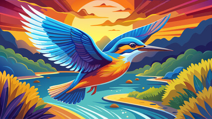 Obraz premium Kingfisher – A vibrant Kingfisher darts above a river, iridescent blue and orange feathers glowing in flight. Its slender body and flapping wings create a perfect vector-ready scene