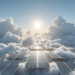 Solar panels float above clouds, sun shining