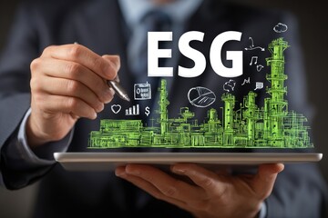 Businessman holds tablet, ESG displayed over factory drawing