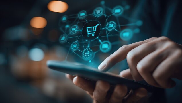 Person using phone, e-commerce interface