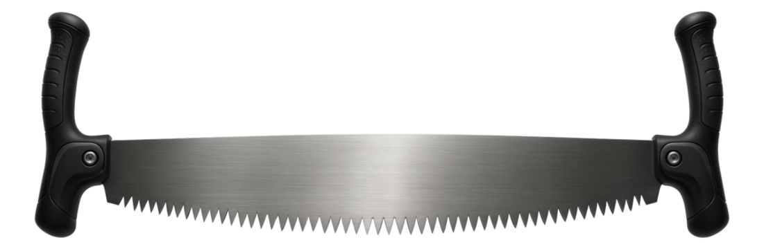 Two-man crosscut saw with large handles on both ends for logging and timber work.