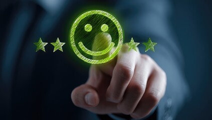 Hand touching glowing green smiley face and stars
