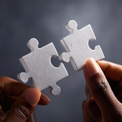 Two white puzzle pieces almost joined, held by hands