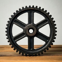 A single dark metal gear with six spokes resting on a light brown wooden surface against a white wall