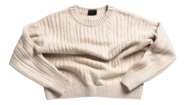  a crumpled or tangled sweater showcasing realistic fabric folds, stretched seams, and twisted sleeves. The texture highlights knitted patterns with natural wrinkles and distortion
